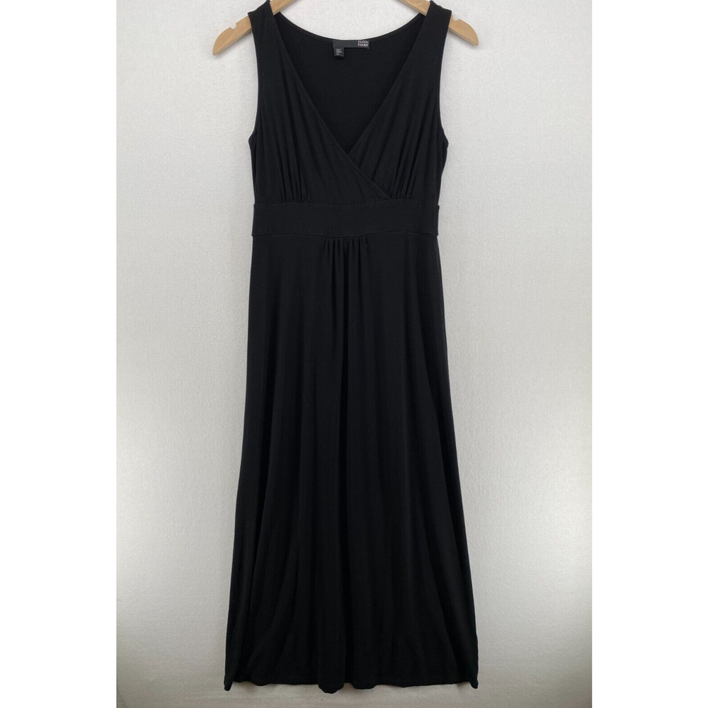 EILEEN FISHER Dress XS Stretch Rayon Jersey Surplice Tank Maxi Shirred Black USA - Picture 1 of 16